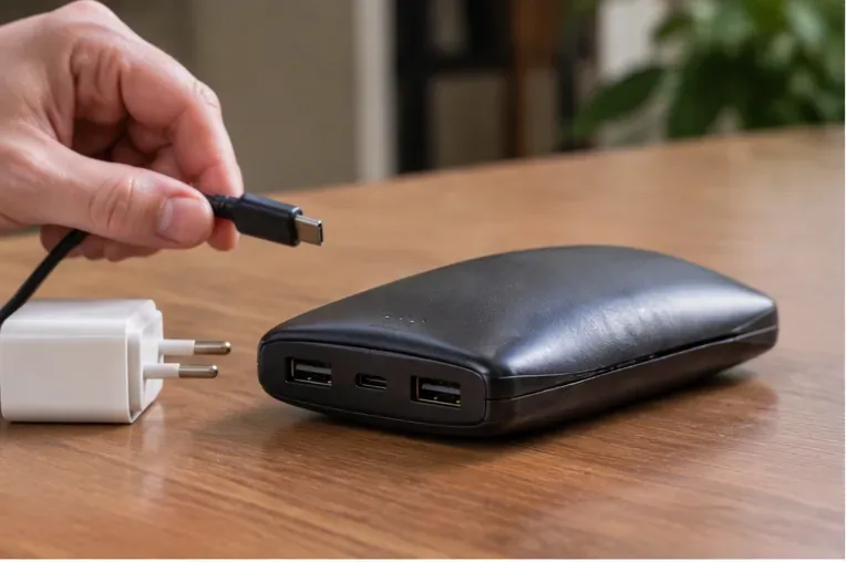 Power bank negra visiblemente hinchada sobre una mesa mientras se retira el cable de carga