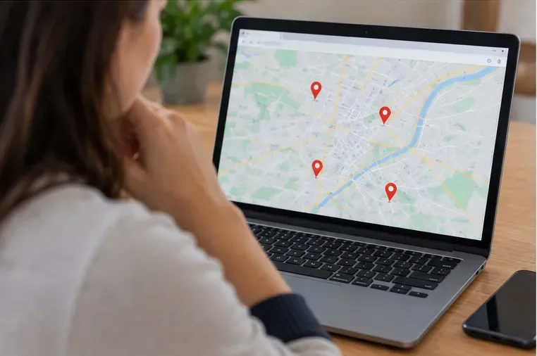 Una persona consulta en un ordenador un mapa de puntos limpios antes de llevar una batería externa dañada.