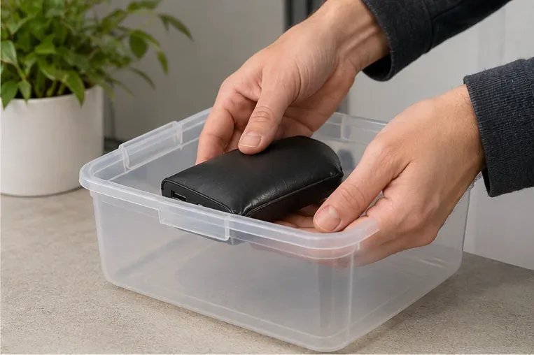 Manos colocando con cuidado una batería externa hinchada dentro de un recipiente rígido abierto, sin presionarla