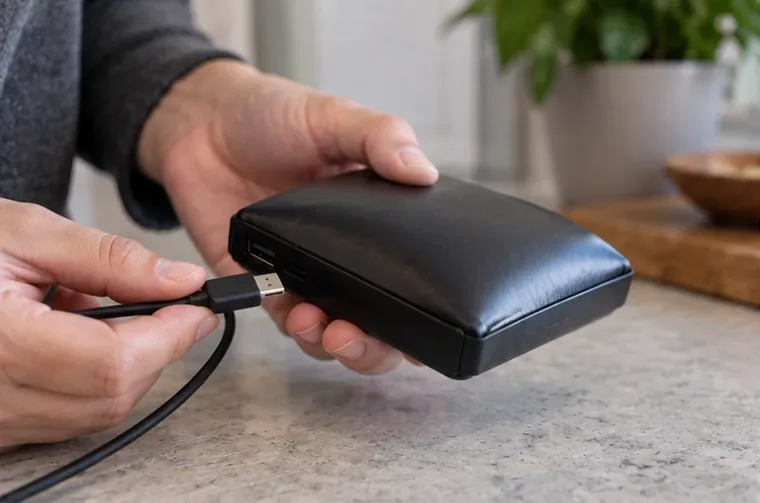 Manos retirando el cable de carga de una batería externa negra visiblemente hinchada sobre una encimera