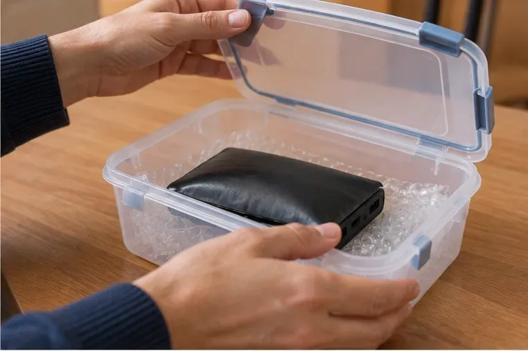Una batería externa hinchada colocada con cuidado dentro de un recipiente rígido para un traslado corto hasta un punto de recogida.