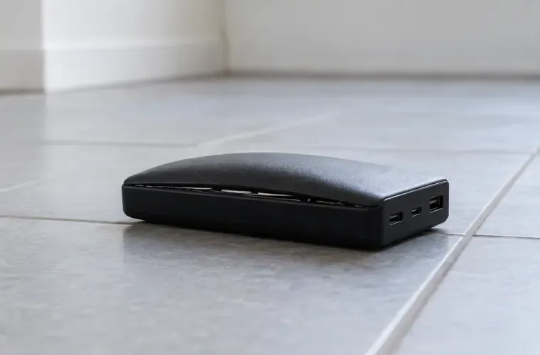 Batería externa negra visiblemente abombada, aislada sobre un suelo de baldosas y lejos de objetos alrededor.