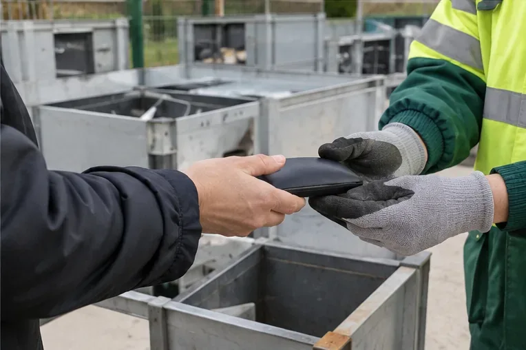 Persona entregando una batería externa deformada a un trabajador con guantes en una instalación de recogida de residuos