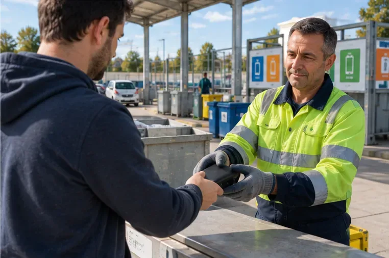 Un usuario entrega una batería externa a un trabajador de un punto limpio para que se gestione como residuo separado.