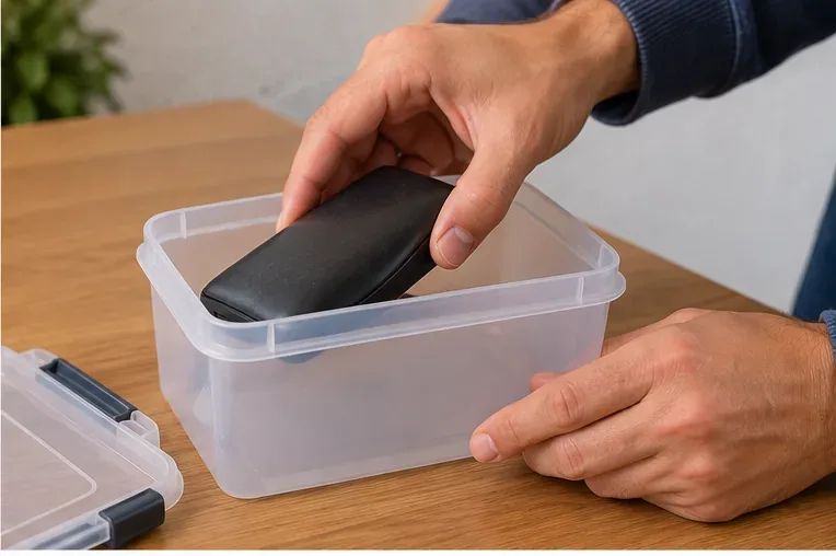 Manos colocando con cuidado una batería externa abombada dentro de un recipiente rígido abierto, sin comprimirla.
