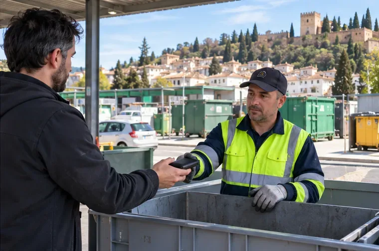 Usuario entregando una batería externa a un trabajador de una instalación de recogida de residuos después de confirmar la aceptación