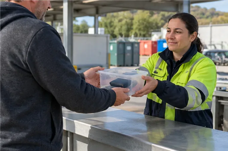 Usuario entregando un recipiente con una batería externa a una trabajadora de un punto de recogida