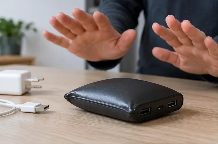 Batería externa negra visiblemente hinchada sobre una mesa, separada del cargador y del cable