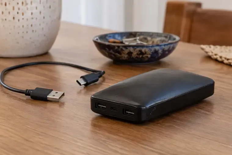 Batería externa negra hinchada sobre una mesa, con el cable de carga desenchufado y separado