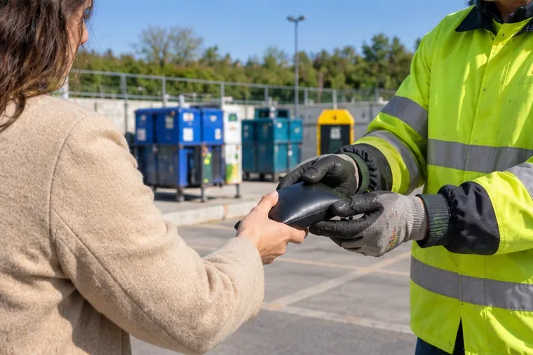 Trabajador con guantes recibiendo una batería externa hinchada de una usuaria en una instalación de reciclaje