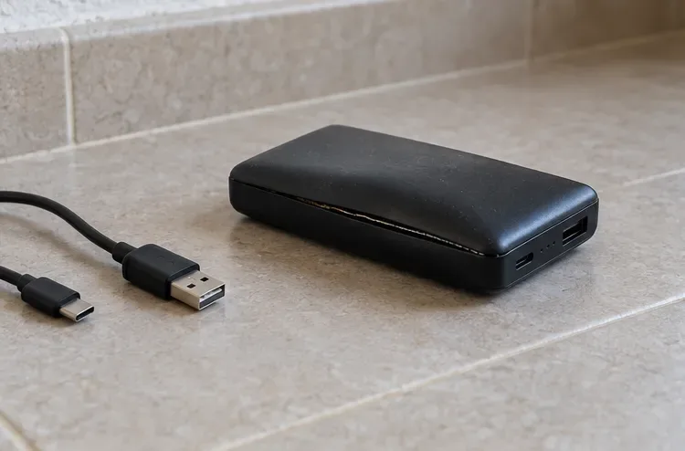 Batería externa negra con una junta abultada sobre una superficie de baldosa y cable desenchufado a un lado.