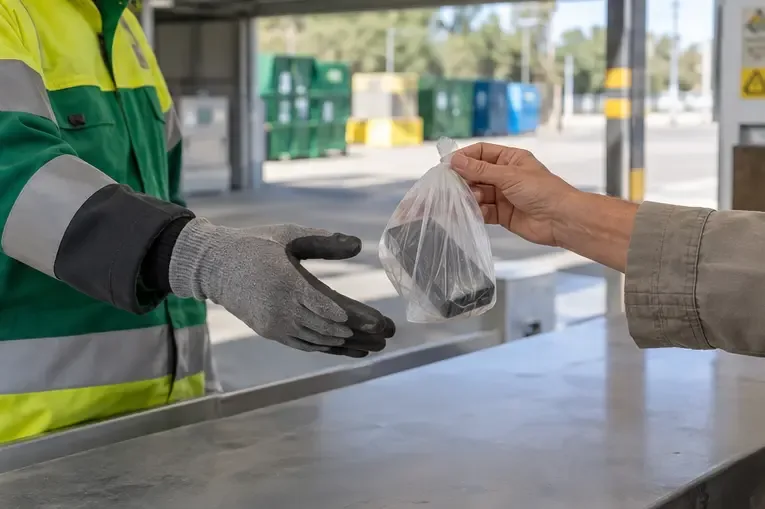 Personal con guantes recibe una bolsa con un dispositivo electrónico en la recepción de un centro de recogida.
