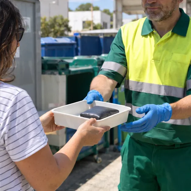 Trabajador de un punto de recogida recibe una bandeja con una batería externa hinchada