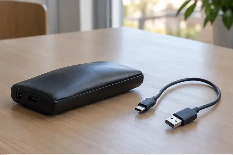 Batería externa deformada junto a un cable de carga desconectado sobre una mesa.