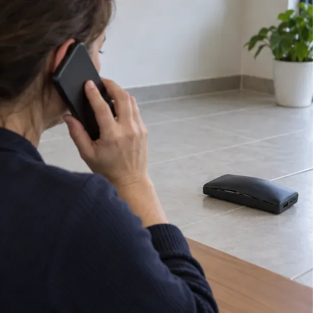 Una persona habla por teléfono mientras una batería externa visiblemente hinchada permanece a distancia sobre el suelo.