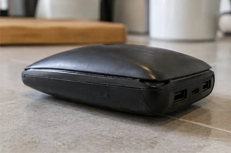 Primer plano de una power bank con la carcasa muy separada por el hinchamiento interno