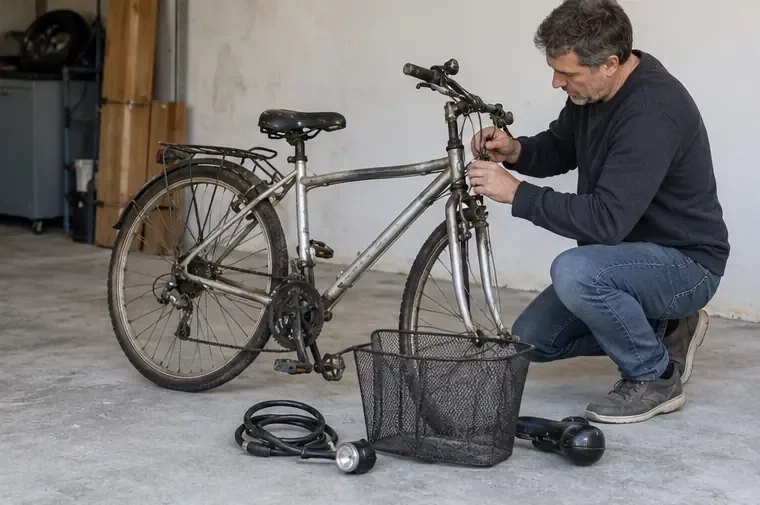 Una persona retira accesorios sueltos y asegura una bicicleta vieja antes de transportarla