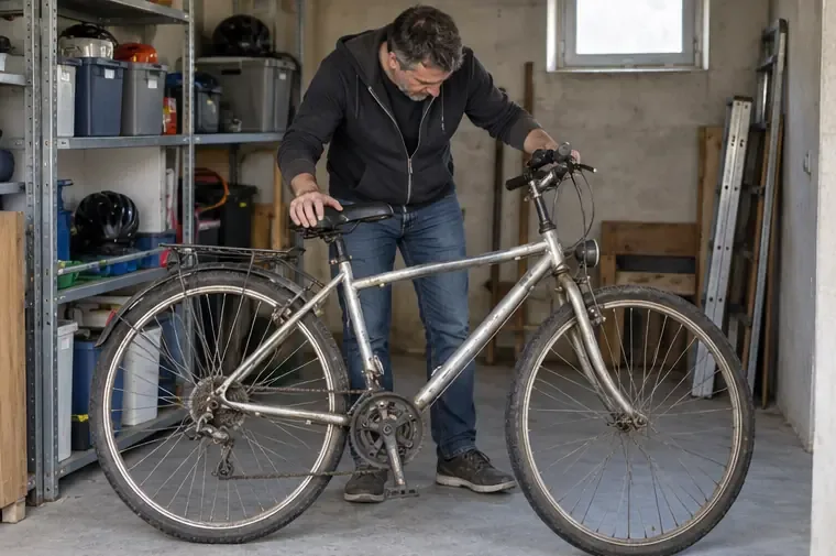 Una persona revisa una bicicleta vieja en un garaje antes de decidir si la reutiliza o la entrega como residuo