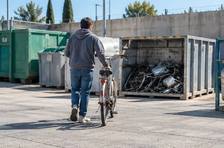 Persona empujando una bicicleta hacia una zona de contenedores de metal en una instalación de reciclaje