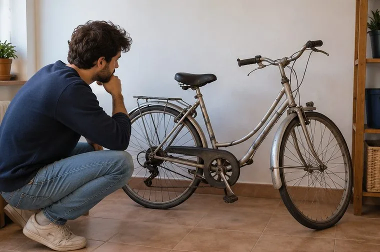 Persona examinando en casa una bicicleta urbana antigua antes de decidir si repararla, reutilizarla o llevarla a un punto limpio