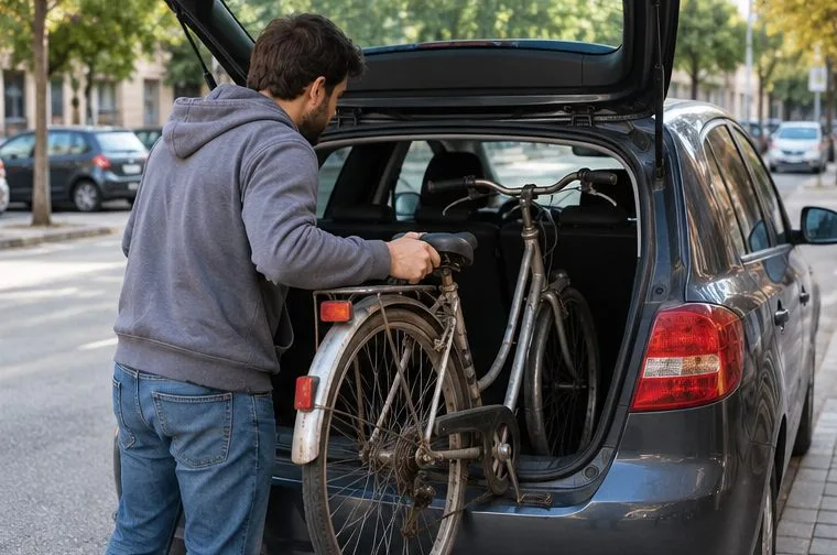 Persona cargando con cuidado una bicicleta urbana antigua en el maletero de un coche para transportarla al punto limpio