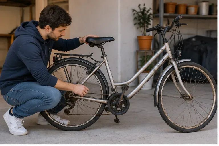 Persona revisando una bicicleta usada y comprobando su estado antes de decidir si repararla o desecharla