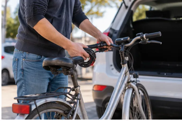 Persona preparando una bicicleta junto a un vehículo para trasladarla a un punto municipal de residuos