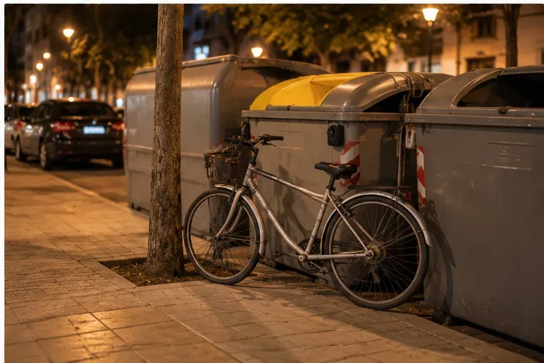 Bicicleta dejada junto a grandes contenedores de residuos en una calle por la noche, ejemplo de una práctica que debe evitarse sin cita confirmada