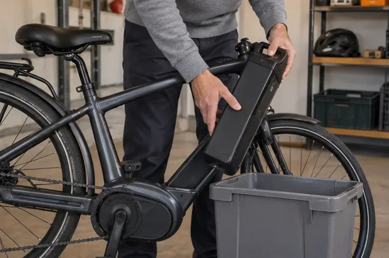 Una persona retira con cuidado la batería extraíble de una bicicleta eléctrica en un taller, junto a un recipiente de almacenamiento