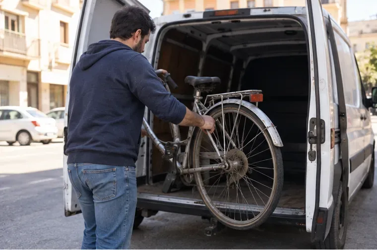 Un hombre carga una bicicleta urbana usada en la parte trasera de una furgoneta para llevarla a un punto de entrega autorizado