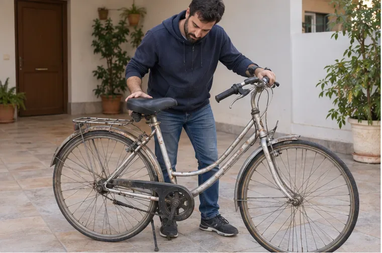 Un hombre revisa una bicicleta urbana vieja en el patio de una vivienda antes de decidir si puede reutilizarse o debe desecharse
