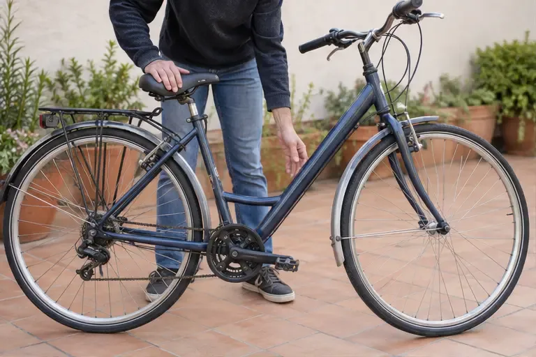 Persona revisando el cuadro, las ruedas y los accesorios de una bicicleta urbana en un patio