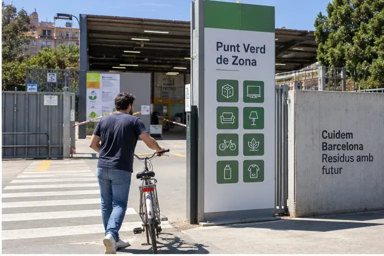 Una persona lleva una bicicleta usada caminando hacia la entrada de un centro de reciclaje de tipo Punt Verd de Zona