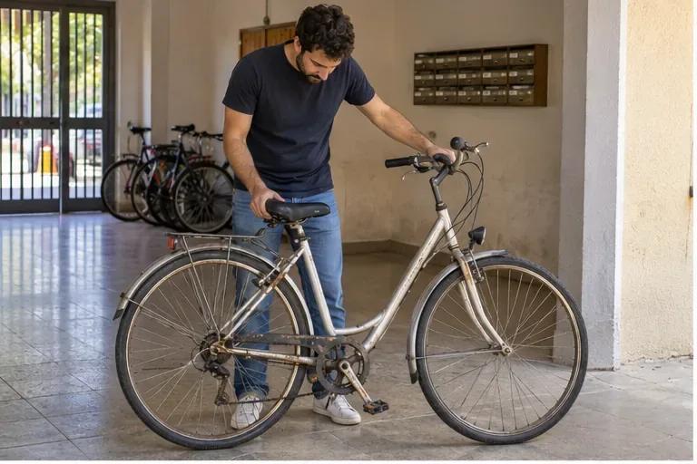 Una persona revisa una bicicleta urbana usada en un portal para decidir si todavía puede repararse o reutilizarse