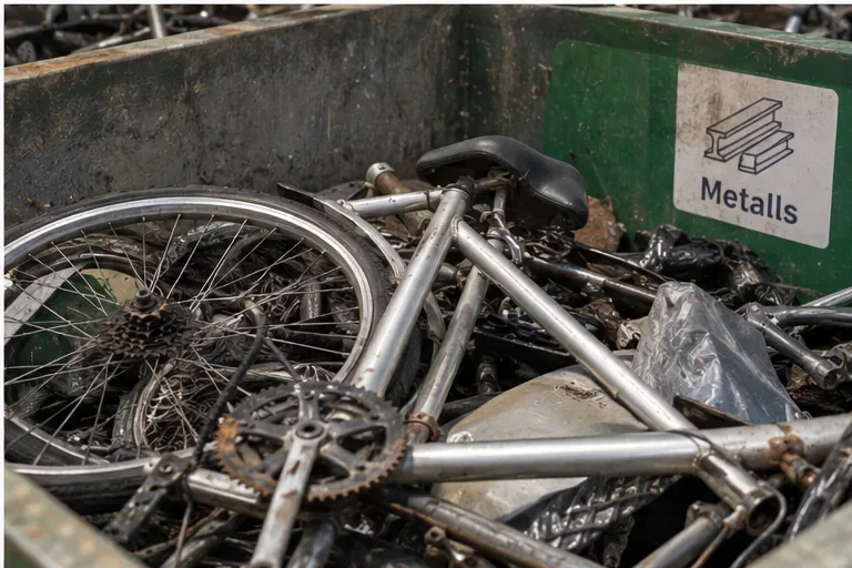 Cuadros, ruedas y componentes metálicos de bicicletas depositados en un contenedor de metales dentro de una instalación de reciclaje