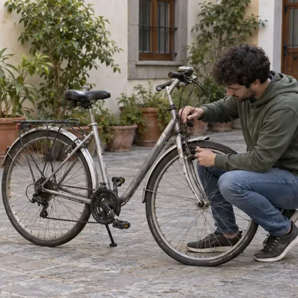 Persona revisando el cuadro y los frenos de una bicicleta vieja en un patio