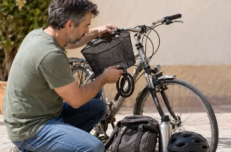 Persona retirando una cesta y un candado de una bicicleta usada antes de entregarla para su gestión
