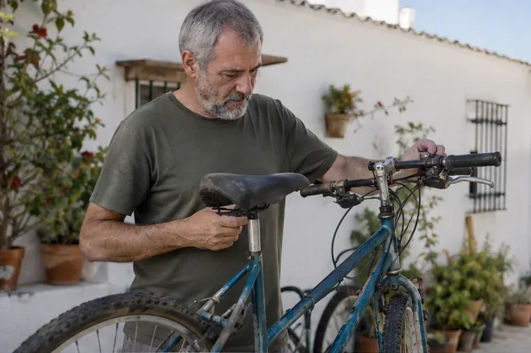 Persona revisando el sillín y el manillar de una bicicleta vieja en un patio doméstico antes de decidir si se reutiliza