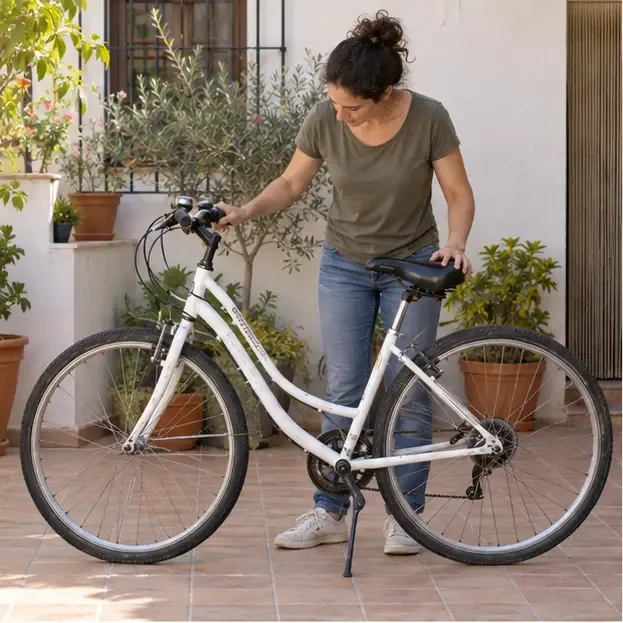 Una mujer comprueba una bicicleta blanca intacta en un patio antes de decidir si la reutiliza o la entrega para reciclar