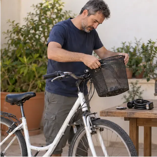 Un hombre retira una cesta y accesorios sueltos de una bicicleta blanca antes de prepararla para su entrega