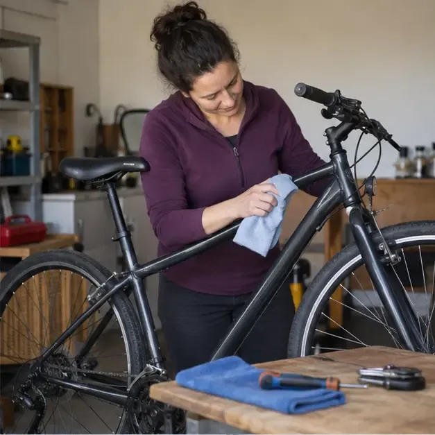 Persona limpiando el cuadro de una bicicleta junto a herramientas básicas