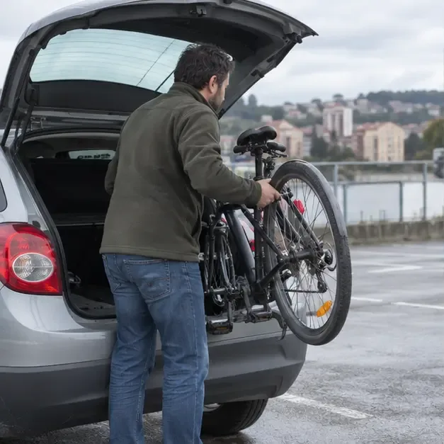 Persona cargando una bicicleta en el maletero de un coche para llevarla a un punto de entrega