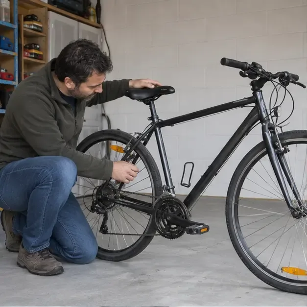 Persona revisando el cuadro, la rueda trasera y la transmisión de una bicicleta en un garaje