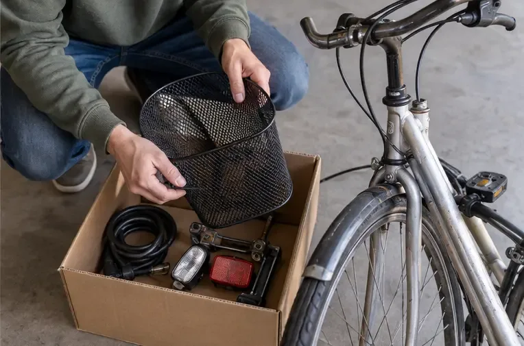 Una persona retira la cesta, el candado y las luces de una bicicleta y los coloca separados en una caja