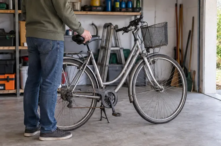 Una persona inspecciona una bicicleta urbana antigua en un garaje para decidir si puede repararse o reutilizarse