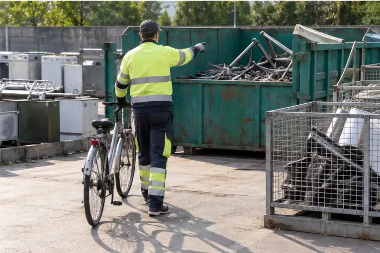 Un trabajador de un centro de reciclaje señala el contenedor de metal mientras una persona lleva una bicicleta