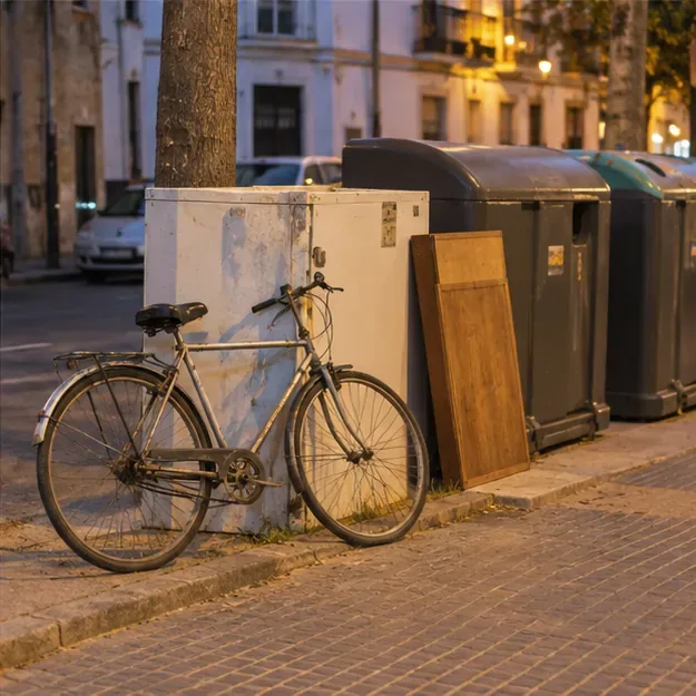 Una bicicleta vieja apoyada junto a varios contenedores y otros objetos voluminosos en una calle al anochecer