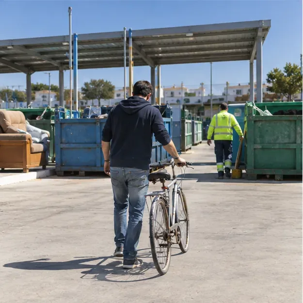 Una persona empuja una bicicleta por el interior de una instalación de reciclaje con contenedores de gran tamaño y personal de servicio