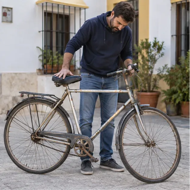 Una persona revisa el estado de una bicicleta antigua, comprobando sillín, manillar y cuadro antes de decidir si puede repararse o reutilizarse