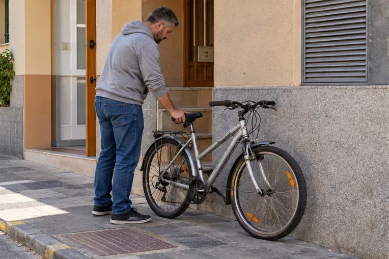 Una persona coloca una bicicleta junto a la fachada de su vivienda sin bloquear la acera, como preparación para una retirada acordada